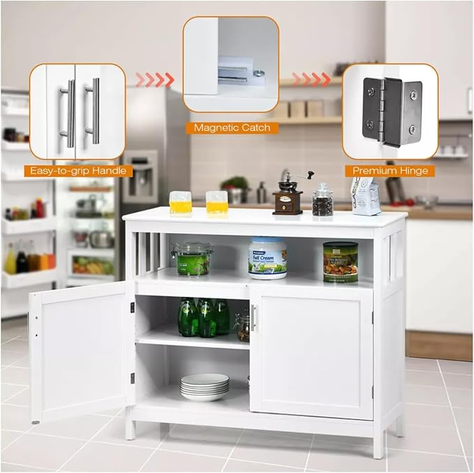 Sideboard Buffet Storage Cabinet Wood Kitchen Cupboard Server Console Island Table 2 Doors Storage Chest with Top Open Shelf (White)