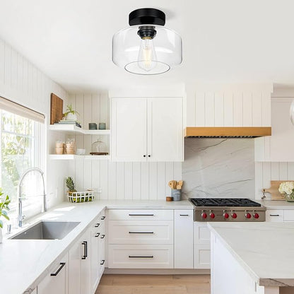 Industrial Semi Flush Mount Ceiling Light, 800 Lumen LED Bulb Included, Clear Glass Shade Ceiling Light Fixture, Farmhouse Light Fixture for Hallway Corridor Kitchen Bathroom Bedroom Passway