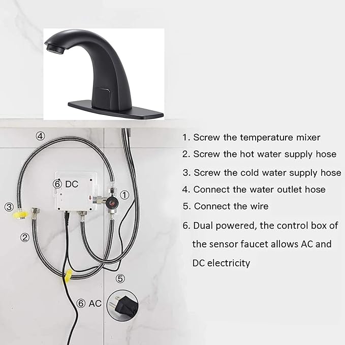 Automatic Touchless Faucet Black Bathroom Sink Faucet Electronic Sensor with Hole Cover Plate Control Box and Temperature Mixer AC/DC Powered Motion Activated Hands-Free Deck Mount
