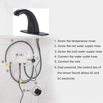 Automatic Touchless Faucet Black Bathroom Sink Faucet Electronic Sensor with Hole Cover Plate Control Box and Temperature Mixer AC/DC Powered Motion Activated Hands-Free Deck Mount