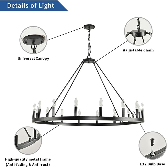 Black Wagon Wheel Chandelier Farmhouse: 16-Light 43 Inch Large Chandeliers for High Ceilings, Round Matte Black Chandelier for Dinning Room, Kitchen Island, Living Room, Foyer, Entryway