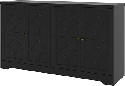 RoyalCraft Sideboard Buffet Cabinet with Storage, 56" Modern Sideboard with 4 Carved Doors and Adjustable Shelves, Large Wood Coffee Bar Console Table for Kitchen, Dining Room, Living Room, Black