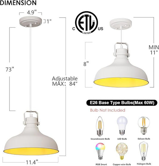 White Farmhouse Pendant Lights Matte Pendant Lighting for Kitchen Island Industrial Adjustable Height Vintage Dome Hanging Light Fixtures for Barn, Dining Room 3 Packs