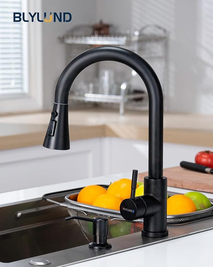 Matte Black Kitchen Faucets with Soap Dispenser,Kitchen Faucet with Pull Down Sprayer 3 Modes, Stainless Steel Modern Kitchen Sink Faucets High Arch Single Handle Faucet