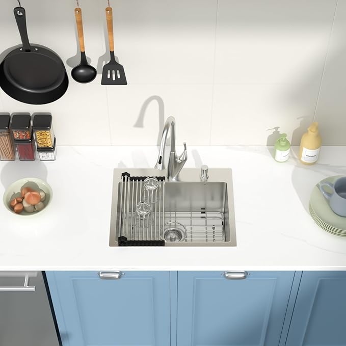 Drop in Bar Sink 20x16 Inch 16 Gauge Stainless Steel Handmade Topmount Kitchen Sink Single Bowl -8 Inches Deep