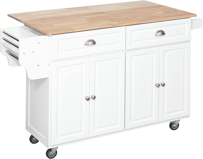 GOWE Rolling Kitchen Island on Wheels, Kitchen Cart with Solid Wood Drop Leaf Breakfast Bar, Storage Drawers, 4-Door Cabinets, Spice Rack, White