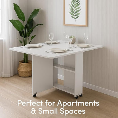 Folding Drop Leaf Dining Table with Wheels – Space-Saving Kitchen Table with 2-Layer Storage, Multi-Functional Table for Dining, Office, or Kitchen Island