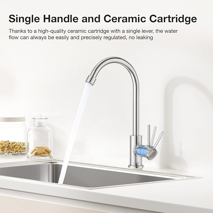 CREA Cold Water Only Brushed Faucet for Kitchen Bar Outdoor Sink 1 Hole 3Holes(with Deck Plate)，High Arc 360°Swivle Single Handle Cold Water Tap Brushed 304 Stainless Steel