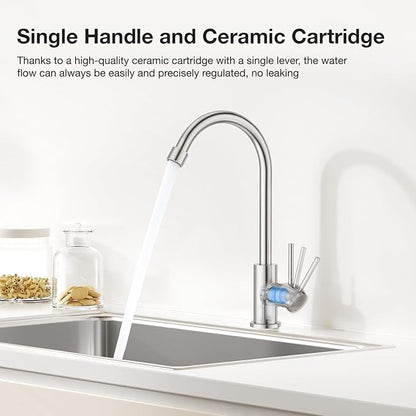 CREA Cold Water Only Brushed Faucet for Kitchen Bar Outdoor Sink 1 Hole 3Holes(with Deck Plate)，High Arc 360°Swivle Single Handle Cold Water Tap Brushed 304 Stainless Steel