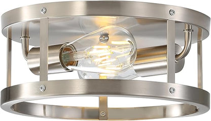 Close to Ceiling Light Fixtures, 2-Light Brushed Nickle Semi Flush Mount Ceiling Light, 11 Inch Modern Indoor House Kitchen Round Ceiling Lights for Bedroom Foyer Hallway, Easy Assembled