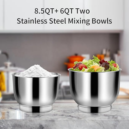 Aifeel Stand Mixer, 8.5QT+ 6QT Two Stainless Steel Bowls Electric Food Mixer, 7 in 1 Multifunctional Kitchen Mixer with Dough Hook, Whisk, Beater, Meat Grinder,Pasta & Cookie Maker-Black