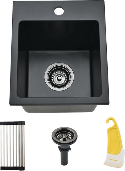 Drop in Black Bar Sink, 13x15 Inch Matte Black Granite Composite Quartz Small Kitchen Prep Sink RV Wet Bar Topmount Single Bowl with Small Rubber Squeegee