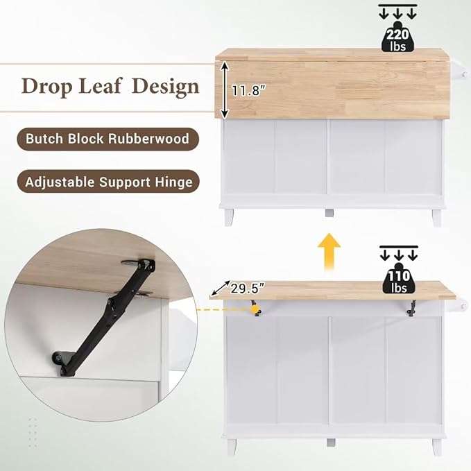 3-Piece Farmhouse Kitchen Island Set with 2 Dining Chairs, Dining Table Set with Storage Cabinet, Drawers and Towel Rack for Small Place, Apartment, Breakfast, Pub