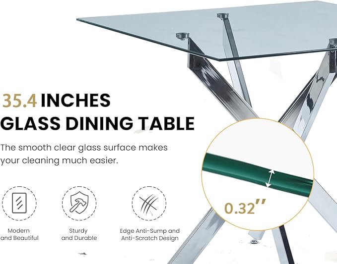 36'' Square Dining Table for 2-4, X-Shape Silver Metal Legs, Glass Tea Table Square Kitchen Table for Small Space