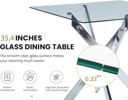 36'' Square Dining Table for 2-4, X-Shape Silver Metal Legs, Glass Tea Table Square Kitchen Table for Small Space