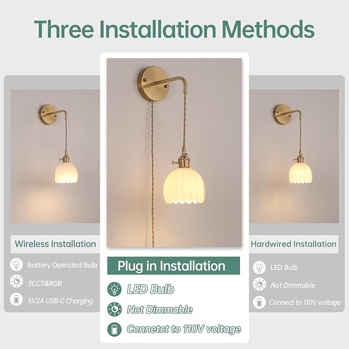 Shenmoyl Vintage Wall Sconce with White Tulip Glass Shade Hanging Wall Sconce with 4.9FT Plug in Cord, Modern Wall Lamp Fixtures Decor for Bedside Bedroom Indoor Doorway
