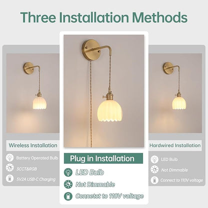 Shenmoyl Vintage Wall Sconce with White Tulip Glass Shade Hanging Wall Sconce with 4.9FT Plug in Cord, Modern Wall Lamp Fixtures Decor for Bedside Bedroom Indoor Doorway
