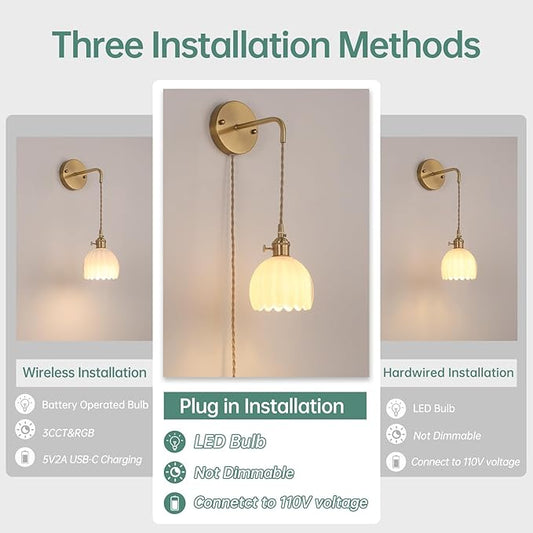 Shenmoyl Vintage Wall Sconce with White Tulip Glass Shade Hanging Wall Sconce with 4.9FT Plug in Cord, Modern Wall Lamp Fixtures Decor for Bedside Bedroom Indoor Doorway
