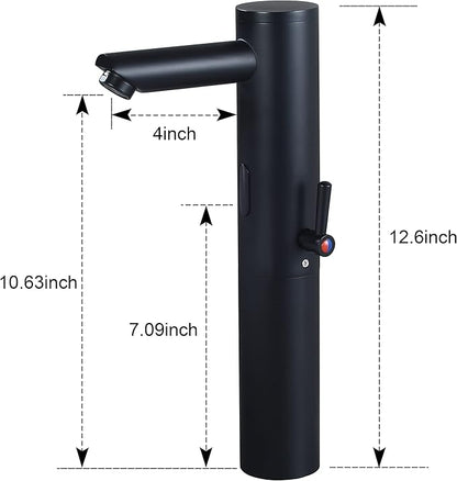 Automatic Touchless Bathroom Sink Faucet Tall Body Motion Activated Sensor Hands Free Commercial Faucets Adjustable Cold Hot 1 Hole Single Handle Basin Vessel Auto Water Mixer（Matte Black）