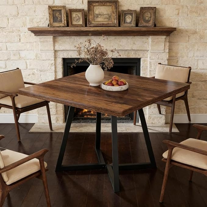 Solid Wood Square Dining Table with Rustic Farmhouse Design for Kitchen or Dining Room