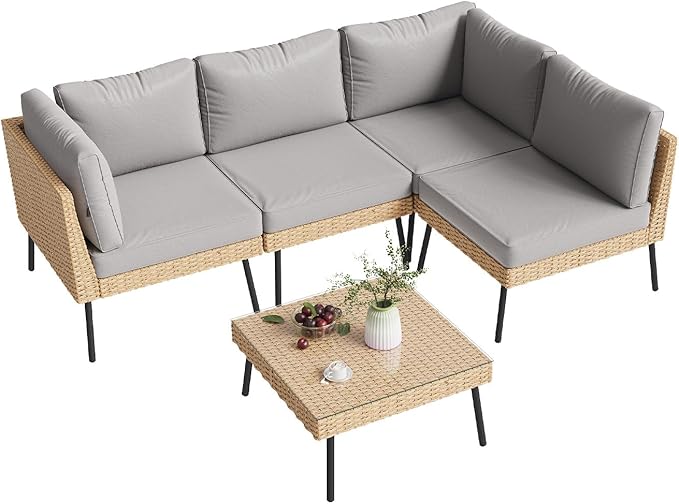 Aoxun 5-Piece Patio Furniture Set, Wicker Outdoor Furniture with Water Resistant Thick Cushions, Patio Conversation Set Outdoor Sectional Sofa with Coffee Table for Backyard Poolside, Light Grey
