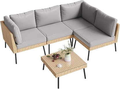 Aoxun 5-Piece Patio Furniture Set, Wicker Outdoor Furniture with Water Resistant Thick Cushions, Patio Conversation Set Outdoor Sectional Sofa with Coffee Table for Backyard Poolside, Light Grey