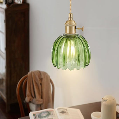 Mini Pendant Lights Kitchen Island 3 Pack, Small Adjustable Pendant Light Fixture with Green Tulip Glass Lampshade, Vintage Gold Pendant Lighting, Pendant Light for Bedroom Dining Room Hallway