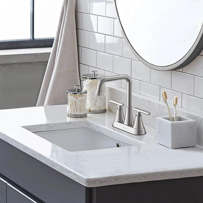Bathroom Sink Faucet, Hurran 4 inch Brushed Nickel Bathroom Faucets for Sink 3 Hole with Pop-up Drain and Supply Lines, Stainless Steel 2-Handle Centerset Faucet for Vanity RV Restroom