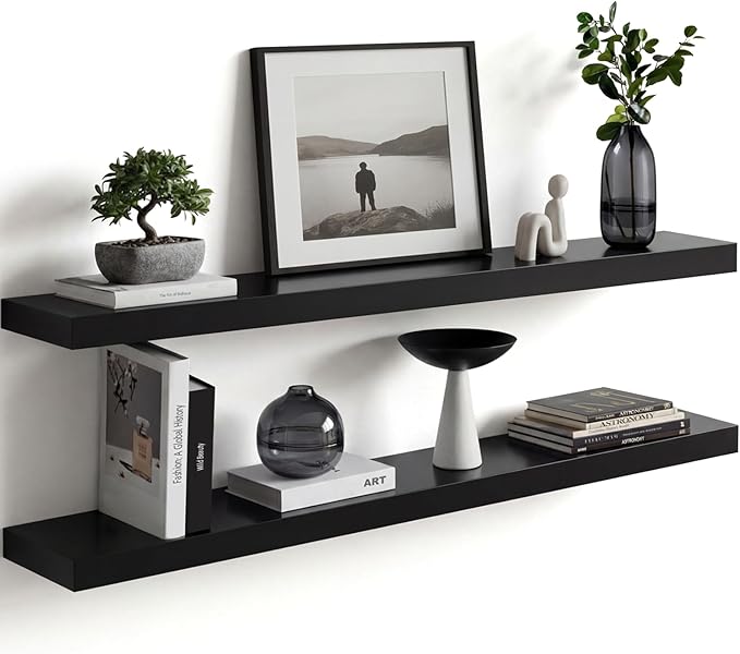 Homeforia Black Floating Shelves 36 inches Long, High End Solid Real Wood 36 inch Floating Shelf for Wall Mounted, Black Wooden 36in Floating Shelves, Heavy Duty Bracket, 36 X 6.5 X 1.75 in, Set of 4