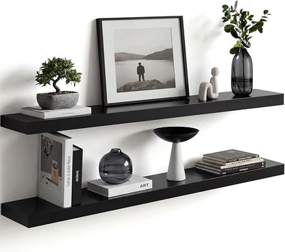 Homeforia Black Floating Shelves 36 inches Long, High End Solid Real Wood 36 inch Floating Shelf for Wall Mounted, Black Wooden 36in Floating Shelves, Heavy Duty Bracket, 36 X 6.5 X 1.75 in, Set of 4