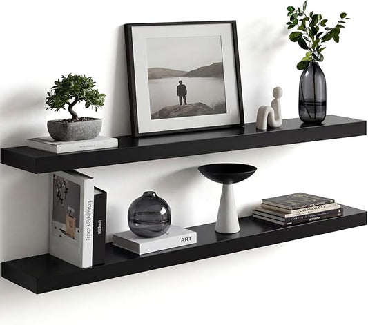 Homeforia Black Floating Shelves 36 inches Long, High End Solid Real Wood 36 inch Floating Shelf for Wall Mounted, Black Wooden 36in Floating Shelves, Heavy Duty Bracket, 36 X 6.5 X 1.75 in, Set of 4