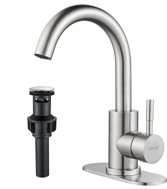 Brushed Nickel Bathroom Sink Faucet - Single Hole, Modern Single Handle Commercial Stainless Steel Bar Faucet with Drain