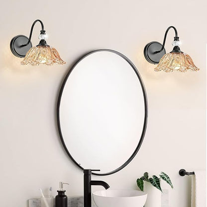 Black Wall Sconces with Floral Amber Glass Shades, Black Farmhouse Wall Mount Lighting for Bathroom,Vintage Bathroom Vanity Light Fixtures