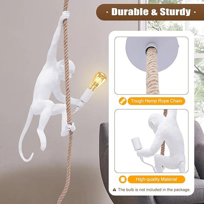 Vintage Monkey Chandelier, Retro Resin Hemp Rope Monkey Pendant Light Fixture, Hanging Ceiling Lamp E26 for Dining Living Room Bedroom Bar Cafe-White