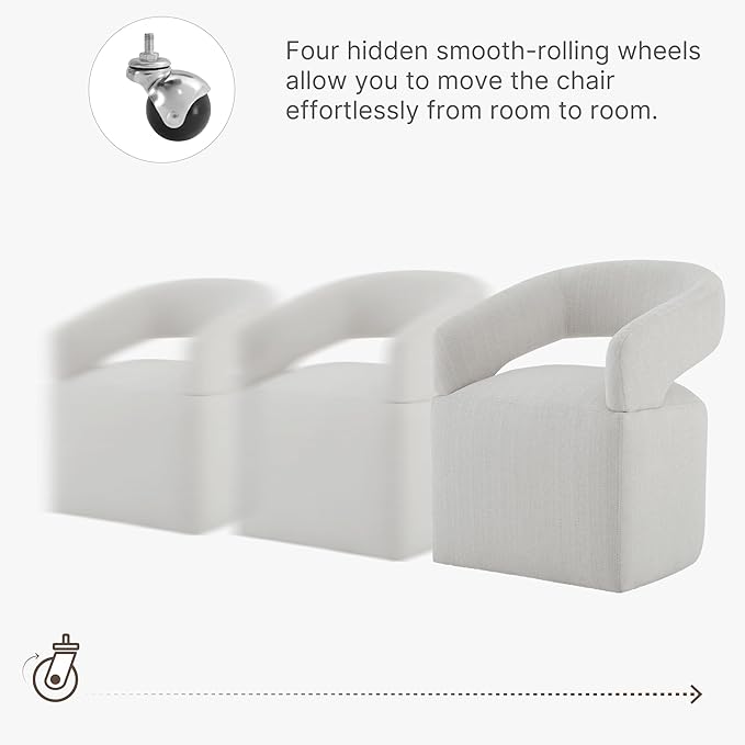 KISLOT Upholstered Dining Chairs with Casters, Modern Barrel Side Armchair with Rollers for Dining Room, Bedroom, Kitchen, Reading Room, Linen Fabric, Set of 2