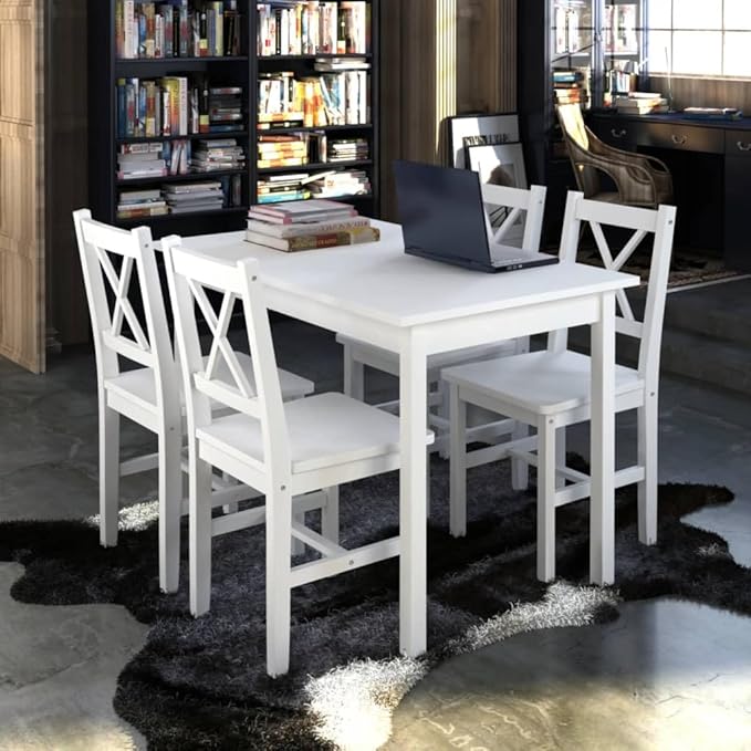 5-Piece Dining Table Set White Pine Wood Kitchen Furniture for Small Spaces, Compact Bistro-Style Indoor Set with 42.5" Lacquered Table and 4 Chairs