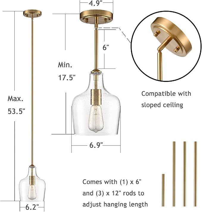 Modern Seeded Glass Kitchen Pendant Lighting Rod-Hung Brass Glod Pendant Lighting for Kitchen Island with Teardrop Shape Hand-Blown Glass