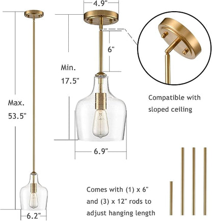Modern Seeded Glass Kitchen Pendant Lighting Rod-Hung Brass Glod Pendant Lighting for Kitchen Island with Teardrop Shape Hand-Blown Glass