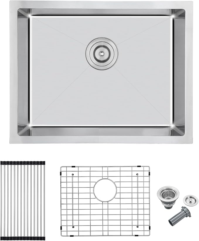 MENATT 24 Inch Undermount Kitchen Sink, 18 Gauge 304 Stainless Steel Single Bowl with Drying Rack & Bottom Grid, 9" Deep Compact Sink for Kitchen, Laundry, Bar
