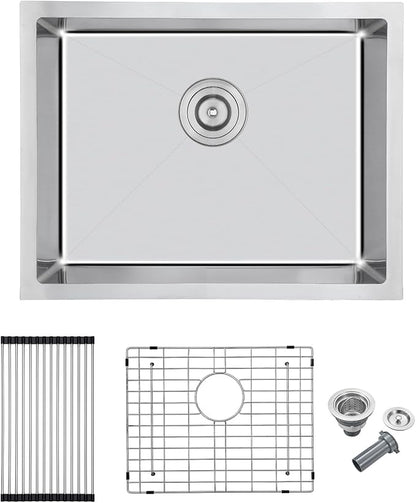 MENATT 24 Inch Undermount Kitchen Sink, 18 Gauge 304 Stainless Steel Single Bowl with Drying Rack & Bottom Grid, 9" Deep Compact Sink for Kitchen, Laundry, Bar