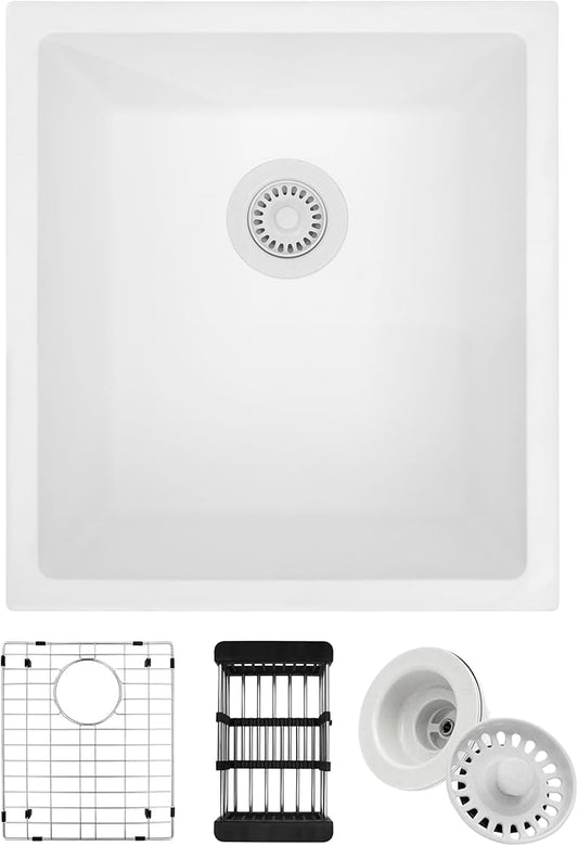 White Bar Sink, White Granite Composite Kitchen Sinks With Accessories, 17 Inch Undermount Quartz Stone Kitchen Sinks, 17" x 19" x 10" Small Kitchen Sink used for RV, Bar, Outdoor and Wet Bar
