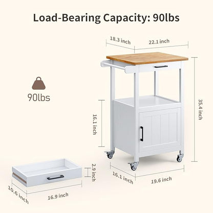 Qsun Kitchen Cart with Drawer, Small Kitchen Island on Wheels, Microwave Cart, Small Home Coffee Bar, Microwave Stand, Rolling Kitchen Island Cart with Side Hook, White