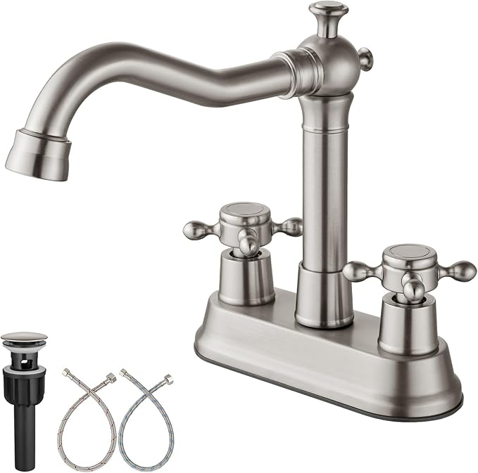 Aolemi 4 Inch Centerset Bathroom Sink Faucet Vintage 2 Cross Handle RV Mixer Tap Basin Vanity Lavatory Utility for Sink 3 Hole Include Hoses Pop Up Drain Faucet Handle Without Label Brushed Nickel