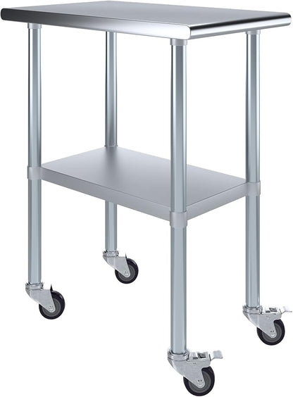 Stainless Steel Work Table with Wheels | NSF Kitchen Island Food Prep | Laundry Garage Utility Bench (Table + Wheels, 18" Long x 30" Deep)