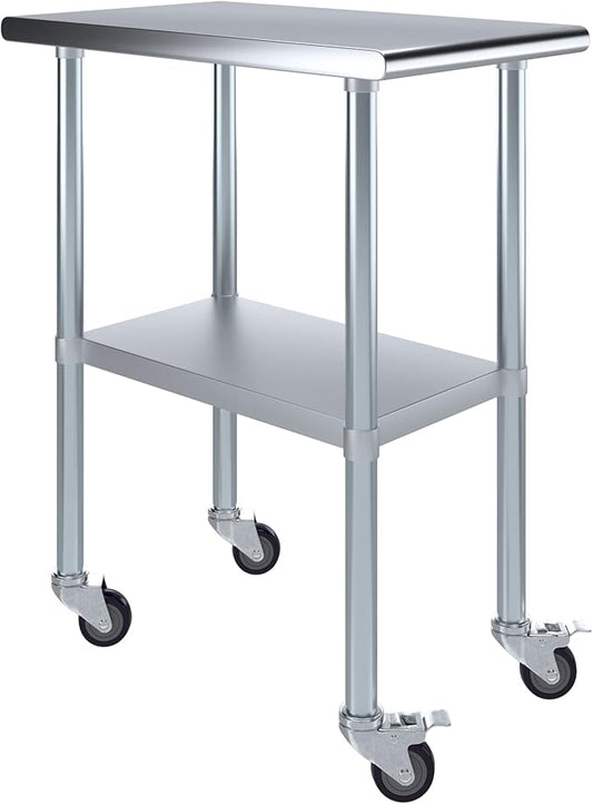 Stainless Steel Work Table with Wheels | NSF Kitchen Island Food Prep | Laundry Garage Utility Bench (Table + Wheels, 18" Long x 30" Deep)