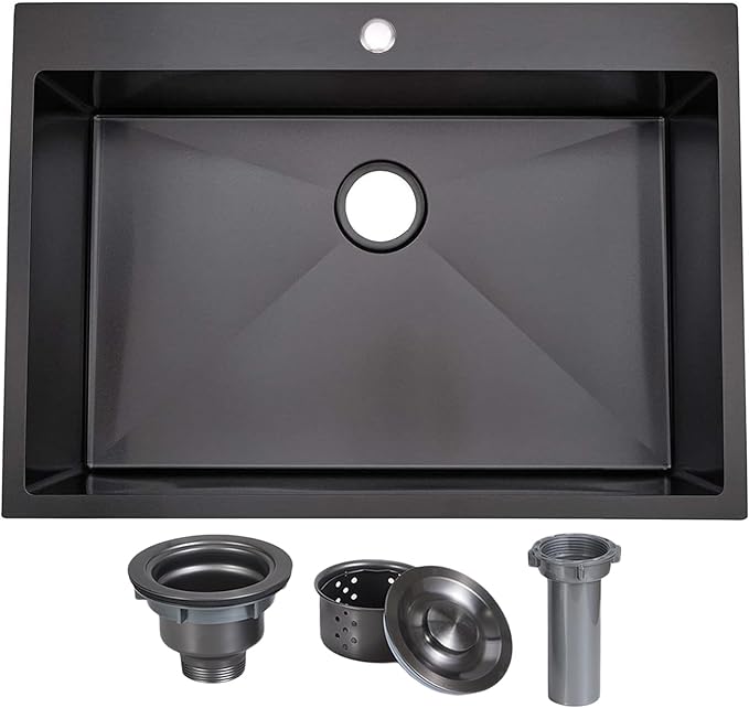 VAPSINT 33x22 Black Drop in Kitchen Sink, 33 Inch Gunmetal Black Stainless Steel Top Mount Kitchen Sink, Single Bowl Laundry Sink with Strainer