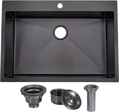 VAPSINT 33x22 Black Drop in Kitchen Sink, 33 Inch Gunmetal Black Stainless Steel Top Mount Kitchen Sink, Single Bowl Laundry Sink with Strainer