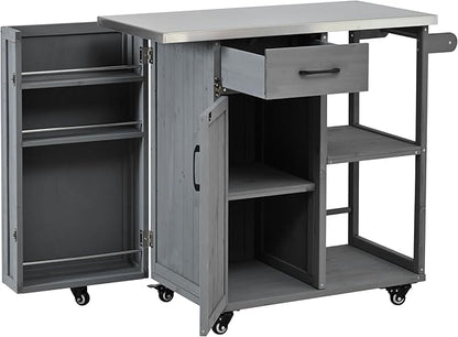 JIJIWANG 35.6" Outdoor Kitchen Island with Stainless Steel Top and Towel and Spice Racks, Rolling Kitchen Island with Storage for Small Spaces Patio Grey