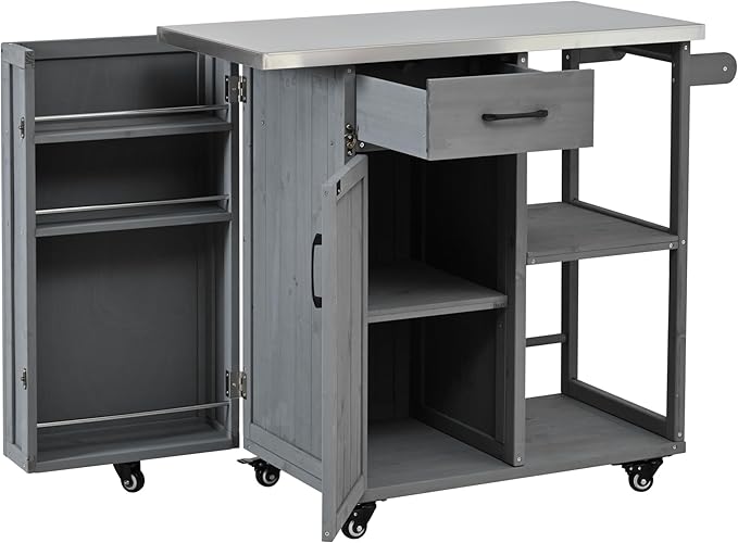 MERITLINE Outdoor Kitchen Island with Stainless Steel Top, Lockable Wheels & Towel Rack, Mobile BBQ Prep Cart with Hidden Cabinet, Drawer, Shelves for Patio, Garden, Backyard, Grey