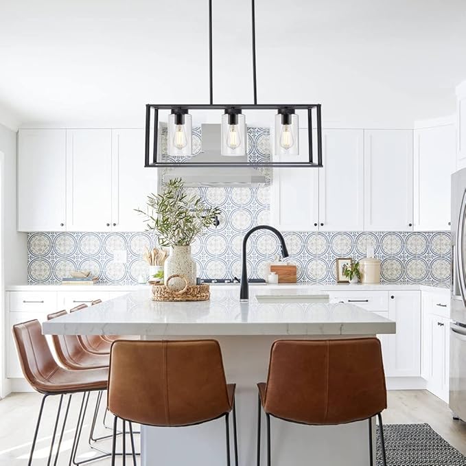 VINLUZ Contemporary Chandeliers Black 3 Light Modern Dining Room Lighting Fixtures Hanging, Kitchen Island Cage Linear Pendant Lights Farmhouse Flush Mount Ceiling Light with Glass Shade